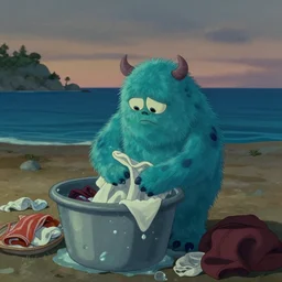 a sad monster washing their laundry in the bay by syd mead , cinematic atmosphere, establishing shot