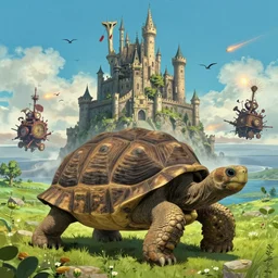 giant tortoise walking with a large fantasy castle rising from the top of it, howls moving castle, mortal engines, distant shot birds eye view, fantasy, hyper detailed, 4 k,
