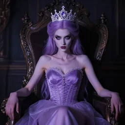 A photo of a skinny evil princess woman with light-purple hair wearing a diamond crown, sitting in a throne in a dark room. Low light.