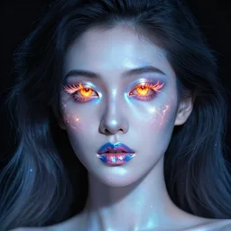 beautiful portrait of a middle eastern woman with holographic light makeup, eyes of fire, glitched lipstick, porcelain hair, translucent cosmic skin, surreal, in the style of steven meisel, detailed