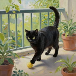 “ a beautiful painting of a black cat playing with a ball in a balcony overgrown with plants ”