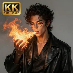an anthropomorphic beautiful male demon portrait blowing flames wearing black leather robe, round glasses, curly hair, fine art, award winning, intricate, elegant, sharp focus, octane render, hyperrealistic, cinematic lighting, highly detailed, digital painting, 8 k concept art, art by jamie hewlett and z. w. gu, masterpiece, trending on artstation, 8 k