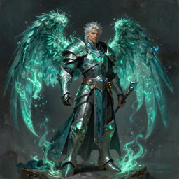 aasimar hexblade warlock, teal energy, male, grand angel wings, silver hair, short beard, cloak, Ivan Aivakovsky, Boris Vallejo, epic fantasy character art, D&D Concept Art, full length, Realistic, Regal, Refined, Detailed Digital Art, Oil Paining, Exquisite detail, post-processing, masterpiece, Cinematic Lighting, Unreal Engine, 8k, HD