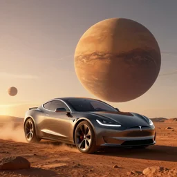 tesla roadster orbiting around planet mars, photo realistic, 8 k, detailed, sun set