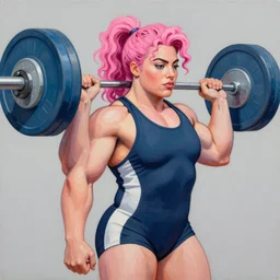 greg manchess portrait of margot robbie as thick very muscular weightlifter zarya from overwatch with ponytail and curly pink hair, medium shot, asymmetrical, profile picture, organic painting, sunny day, matte painting, bold shapes, hard edges, street art, trending on artstation, by huang guangjian and gil elvgren and sachin teng