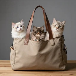 lots of furry cats inside a big handbag, the handbag is over a wood table, gray background, studio lighting, detailed photo, 4 k, 8 k