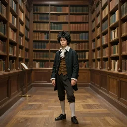 museum painting, wide - shot, 1 0 years old pale boy with short black messy hair, wearing clothes of 1 8 th century, alone in the library, sharp focus, highly detailed, digital art, oil painting, masterpiece, by artgerm, by greg rutkowski, by mucha, by kinkade