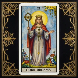 beautiful tarot card of the queen of dreams by carol bak and alex grey and dan mumford, oil on canvas, intricate, border, symmetrical, portrait, 8k highly professionally detailed, HDR, CGsociety