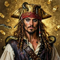 realistic portrait of pirate king with snakes and gold, golden, delicate, hyper realism, 1 4 5 0, ink, ultra realistic, 8 k