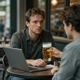 a realistic photo portrait of a man sitting outside a restaurant looking at his computer screen, friend is offering him a beer, character concept art, face by wlop, face symmetry, style of krenz cushart, ashley wood, and charlie bowater and craig mullins, intricate accurate details, artstation trending, octane render, cinematic color grading, muted colors, soft light, rule of thirds, like a professional model, cinematic, 8 k