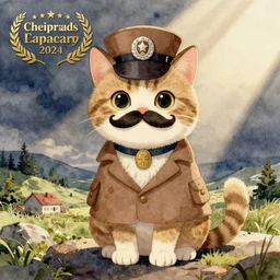 watercolor illustration style, cute cat detective with moustache