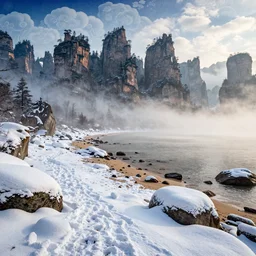 Breath-taking beautiful snow, beach, rocks, clouds, mist, Zhangjiajie, An aesthetically pleasing, dynamic, energetic, lively, complex, intricate, detailed, well-designed digital art of snow, beach, rocks, clouds, mist, Zhangjiajie in early morning, light and shadow, overlaid with aizome patterns, Shin-hanga by Thomas Kinkade and Bob Ross, traditional Japanese colors, superior quality, masterpiece, featured, trending, award winning, HDR, HD, UHD, 4K, 8K, anamorphic widescreen