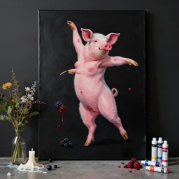 “ a portrait in a black - walled apartment, sensual dance, a pig theme, art supplies, paint tubes, ikebana, herbs, a candle dripping white wax, squashed berries, berry juice drips, acrylic and spray paint and oilstick on canvas, surrealism, neoexpressionism ”