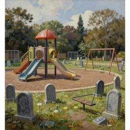 soft oil painting, a school playground that has tombstones, infinite schoolyard of slides, and swingsets, and seesaws, with graves, playground - cemetery hybrid, extremely detailed, intricate, cottagecore, readability, concept art, sharp focus, art by brothers hildebrandt
