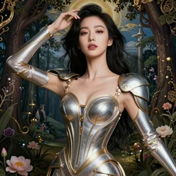 close-up portrait of a beautiful Korean Luxurious Goddess wearing an elegant futuristic outfit posing dramatically in the art style of Hieronymus Bosch, rule of thirds, fair complexity, 4k quality