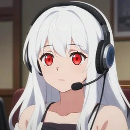 portrait of a cute girl, with red eyes!!!! and long white hair!!!! wearing a headset in her room interior, finely detailed cute face, anime art by katsuhiro otomo, ilya kuvshinov, kyoani, headshot, ambient lighting, cinematic still,