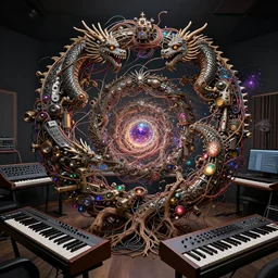 a complex photoreal music studio with keyboards and modular synthesizers, a sacred mandelbulb mandala spiral  made of dragons made of complex biomechanical vintage machinery and old robot parts with intertwining cables made of old tree roots and glowing gemstones and synthesiser parts by Ellen Jewett, by donato giancola, by amanda sage, by beeple, particle effects, intricate detail, trending on cgsociety, trending on artstation, 8k 3d, high definition, jpeg artifacts, f/16 lens