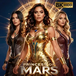 an epic movie poster for princess of mars starring a young woman who is a genetic mix of kim kardashian and megan fox and gal godot and madison beer dejah thoris as the sultry dejah thoris, detailed, dynamic lighting, heroic pose, 8 k hdr movie poster, frank frazetta and boris vallejo and greg rutkowski
