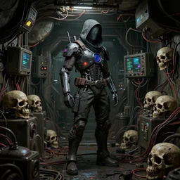 a cybernetic hunter, cyberpunk, in a dingy underground bunker, wires, skulls, machines, by emil melmoth zdzislaw belsinki craig mullins, realistic render ominous detailed photo atmospheric, ink drips paint smears digital glitches glitchart