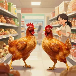 roast chickens, fighting with a woman in a store, digital painting