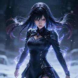 photorealistic full shot of masterpiece angry darkness anime girl, beautifull lovely eyes, posing, electric aura with particles, snowing frozen ice, darkness background, inspired by masami kurumada, akira toriyama, detailed, unreal engine 4 k, volumetric light, fog