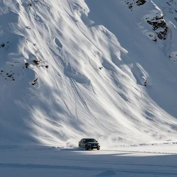 a car driving at a massive wall of snow
