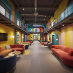 industrial core hotel room interior, colorful, contrast, depth of field, 3 d scene, render, greg rutkowski, zabrocki, karlkka, jayison devadas, trending on artstation, 8 k, ultra wide angle, zenith view, pincushion lens effect