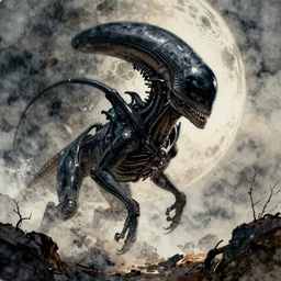 watercolor, action, sci - fi, black, alien planet, fauna, stunning, beautiful, hi - res