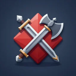game - icon of crossed medieval sword and axe, on a red prism, powerful fantasy epic legends, game icon stylized, digital illustration radiating, a glowing aura, global illumination, ray tracing, 8 k high definition, intricate details, octane render, unreal engine, trending on arstation