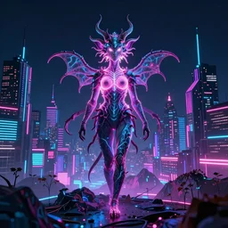 neon-medusa standing before synthwave-neon-city, bio-synthwave mountains