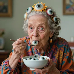 psychedelic granny eating a bowl of eyes, salviadroid, 4 k, digital art, hyperrealism