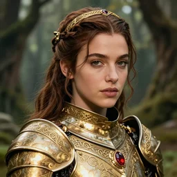 head and shoulders portrait of a female knight, young dua lipa, golden etched armor, lord of the rings, celtic hair braid, eldritch ruby amulet, sylvan glade, by artgerm, alphonse mucha, face detail, sharp focus, high key lighting, vogue fashion photo
