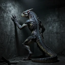 a reptilian daemon entering a human from the back in a dark concrete room, spooky lighting, dark, creepy, trending on artstation, deviant art, artgem, intricate detail