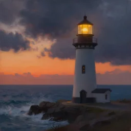 painting of a lighthouse at sunset in a storm, natural light, concept art, by greg rutkowski, cozy atmospheric and cinematic lighting