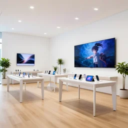 pbr materials ( minimalist neon flagship samsung store, white walls. oak floor. hanging lights. geometric furniture, large digital screens. display tables with phones and tablets, verdant plants ) concept art,, john berkey, beeple, wlop, makoto shinkai, yoji shinkawa, wadim kashin, artstation, 4 k