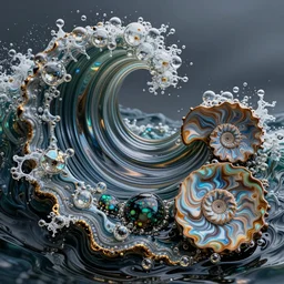 art nouveau cresting oil slick waves, druzy geode, hyperdetailed bubbles in a shiny iridescent oil slick wave, ammolite, black opals, rococo, organic rippling spirals, octane render, 8 k 3 d, abalone, ammonite, marbelized