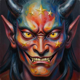 intricate five star oni demon facial portrait by casey weldon, oil on canvas, hdr, high detail, photo realistic, hyperrealism, matte finish, high contrast, 3 d depth, centered, masterpiece, vivid and vibrant colors, enhanced light effect, enhanced eye detail, artstationhd