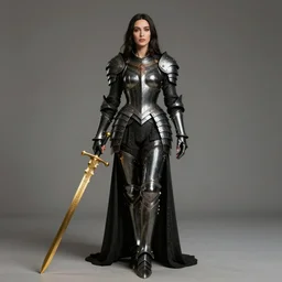 beautiful fantasy goddess monica bellucci, symmetrical face, full body shot, black plate - armor, golden gladius, intricate details, elegant, ultra realistic, wide angle, seductive pose, gothic style artifacts, highly detailed, unreal engine, octane render