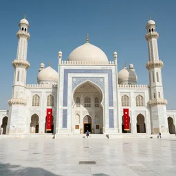 arabic palace temple, fully restored, newly built reconstructed, white marble, red banners. 8 k hd instagram photo at behance, epic cinematic movie shot, 1 9 9 0 s. adobe lightroom, photoshop