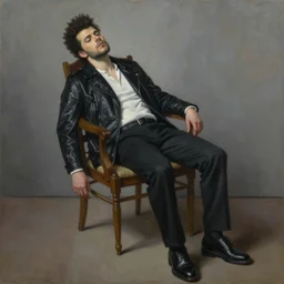 a vanitas painting of the weeknd sitting in a chair lifeless by audrey flack, grim, oil painting, detailed, realistic, defined features