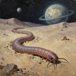 A great worm comes out of sand on another planet, fantasy, eerie, oil painting by Bekinski