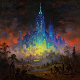 a baroque neoclassicist painting of a colorful retrofuturistic blacklight uv silhouette of a city being glowing fog in the background. renaissance landscape painting. highly detailed science fiction painting by norman rockwell, frank frazetta, and syd mead. rich colors, octane render, gloomy atmosphere. trending on artstation, masterpiece, directed by ridley scott