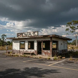 Abandoned cafe on parking lot HDR cinematic noon detailed apocalyptic