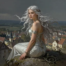 A beautiful Norse Goddess with long flowing silver hair perched on a hilltop overlooking a village, fantasy, intricate, elegant, highly detailed, D&D, digital painting, artstation, concept art, matte painting, sharp focus, illustration, glowing light and shadow, atmospheric, shadowy, cinematic, in the style of Greg Rutkowski and  artemisia gentileschi and Alphonse Mucha