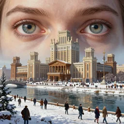 russian city of the future, socialist realism, view from the eyes, soviet cyberpunk, wooden architecture, greek style, river, many people, holiday, winter, highly detailed, digital painting, artstation, concept art, matte, sharp focus, illustration, art by artgerm and greg rutkowski and alphonse mucha