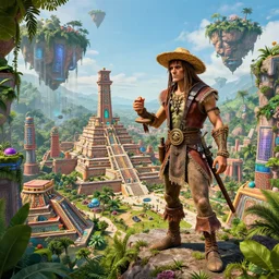 ultrarealistic, aztec metropolis, futuristic, colorful, forcefields, jungle background, overgrown, sky island, jack and the beanstock