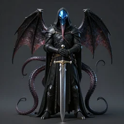detailed hypperrealistic artstation render, full body front view of a scaly black cloaked man, wearing a metallic blue squid mask. he holds in his clawed hands horizontally a large knights steel greatsword, in addition tentacles emerge from his back like wings
