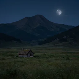 Grassy fields with large mountains in the distance, small cottage in the foreground, nighttime, moon in the night sky, dim lighting ,very dark, landscape wallpaper, d&d art, fantasy, painted, 4k, high detail, sharp focus