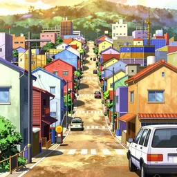 city street, sloped street, city on hillside, street scene, colorful buildings, cel - shading, 2 0 0 1 anime, flcl, jet set radio future, golden hour, japanese town, concentrated buildings, japanese neighborhood, construction site, cel - shaded, strong shadows, vivid hues, y 2 k aesthetic