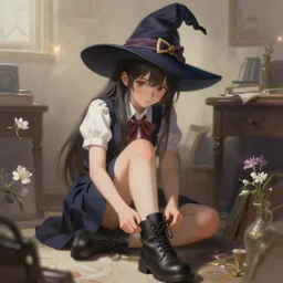 front view of adorable female college student witch, sitting in her room, taking off her boots, fantasy, intricate, sharp focus, lens flare, bloom, illustration, highly detailed, digital painting, concept art, matte, art by ruan jia and wlop and greg rutkowski, masterpiece